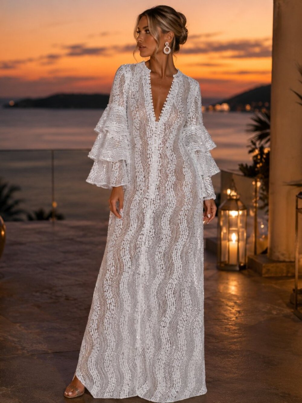 White Sequin Lace Maxi Dress Sheer Resort Glam Evening Gown Large